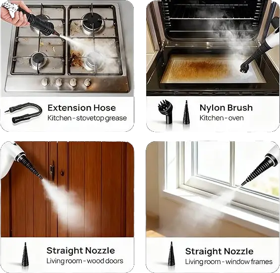 Cleaning tool set with various nozzles used on different surfaces including a stove, oven, cabinets, and window frames. Redhut Cleaner